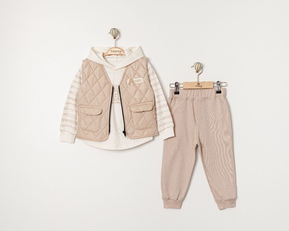 Kapitone Yelekli Üçlü Takım Bej - 18 Ay