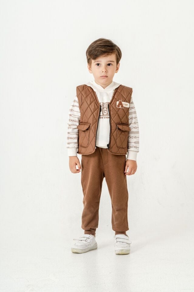 Kapitone Yelekli Üçlü Takım Bej - 18 Ay