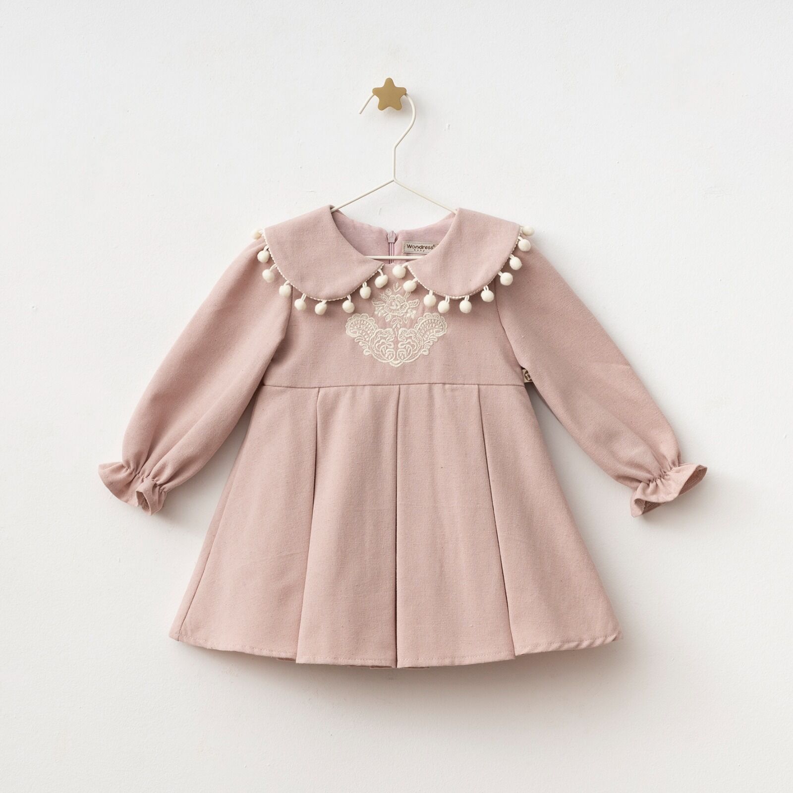 Keten Ponponlu Elbise Pembe - 9 Ay