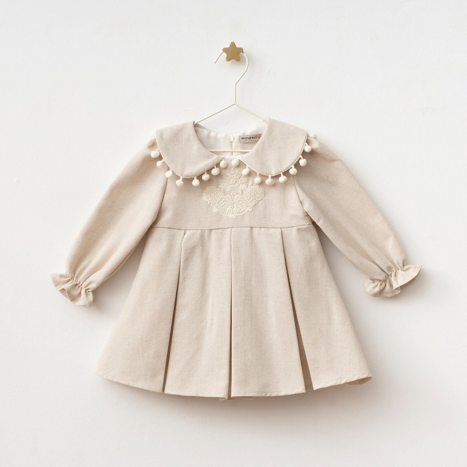 Keten Ponponlu Elbise Bej - 12 Ay