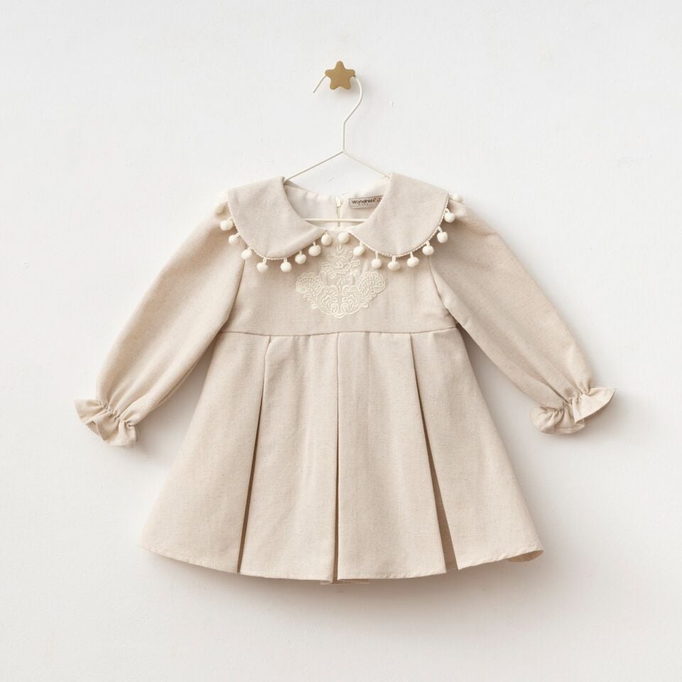 Keten Ponponlu Elbise Bej - 12 Ay