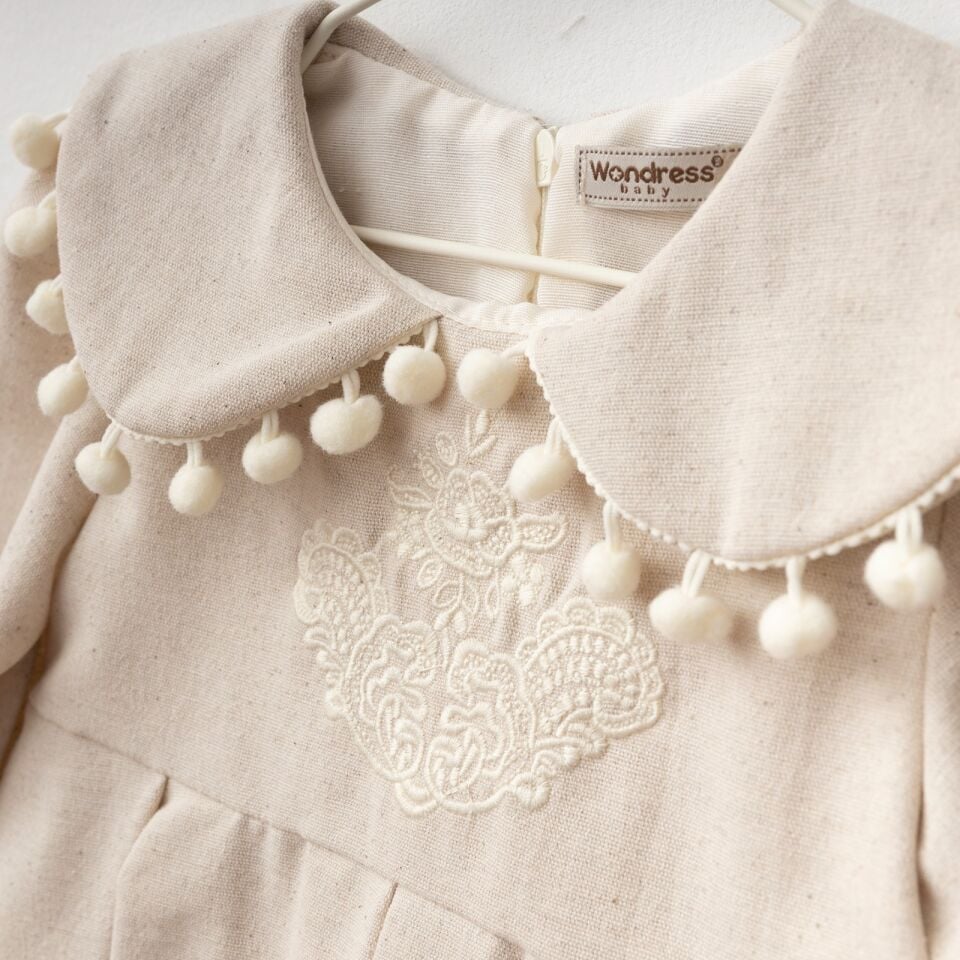 Keten Ponponlu Elbise Bej - 12 Ay