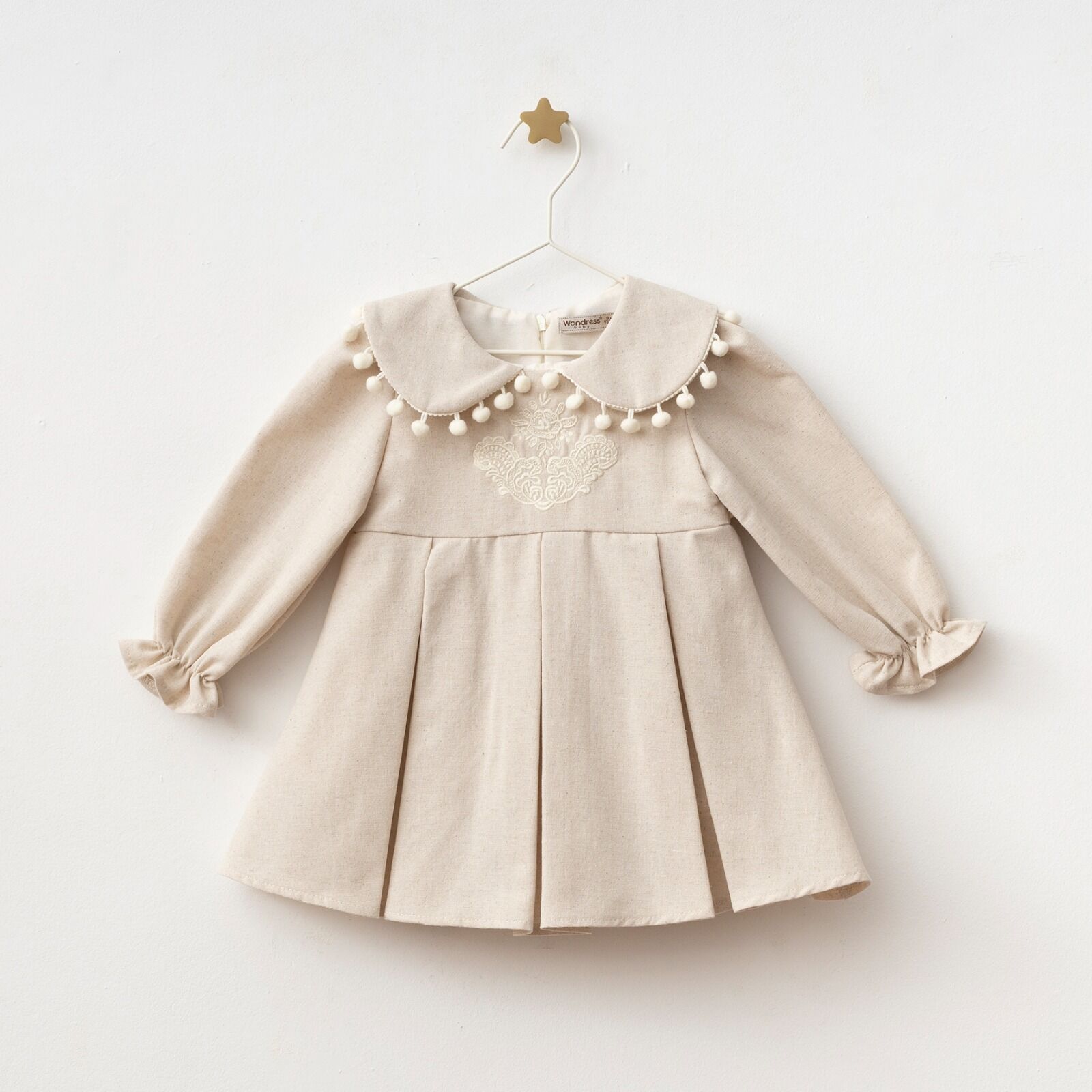 Keten Ponponlu Elbise Bej - 18 Ay