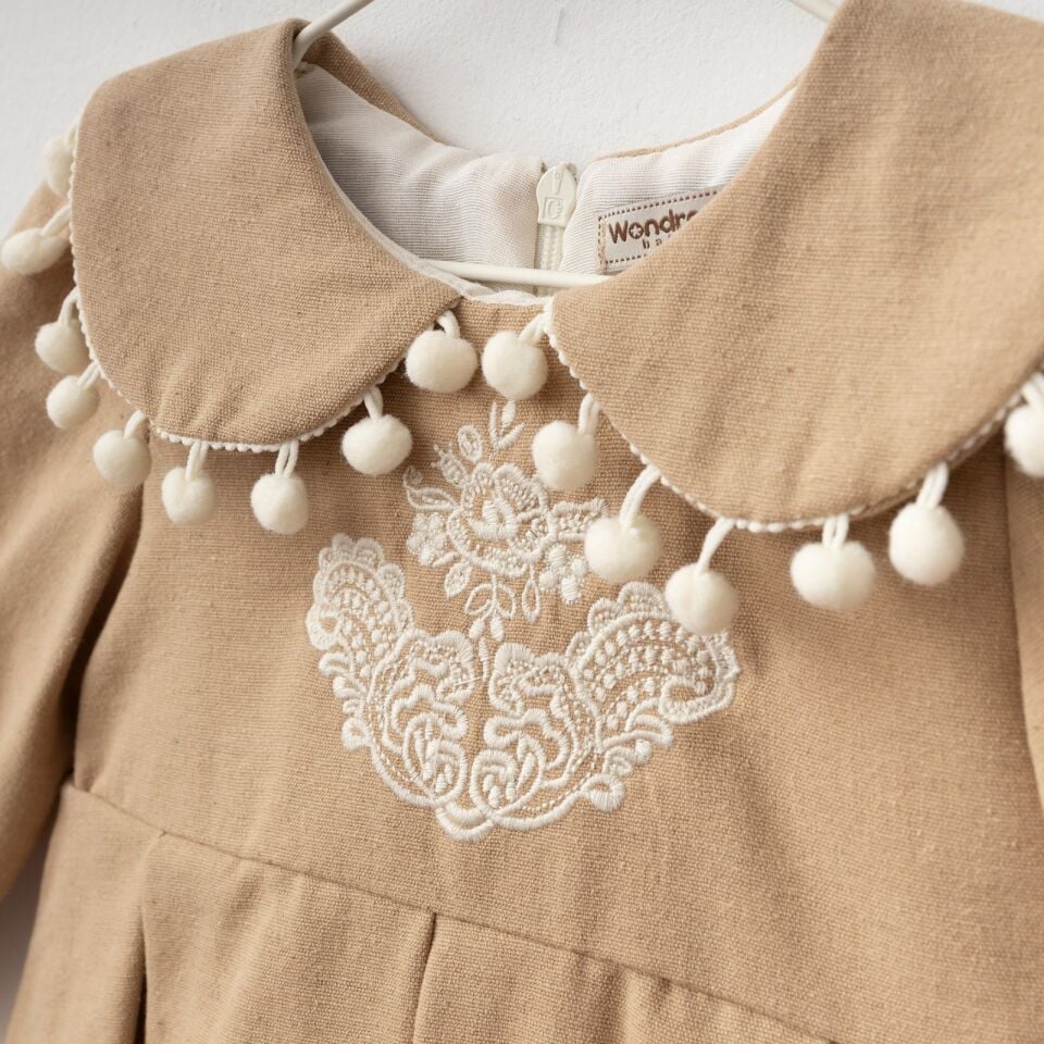 Keten Ponponlu Elbise Kahverengi - 24 Ay