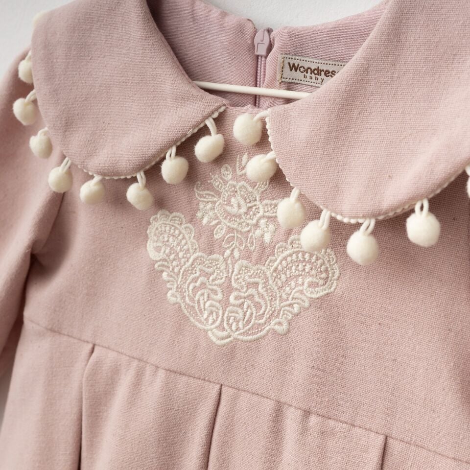 Keten Ponponlu Elbise Pembe - 24 Ay