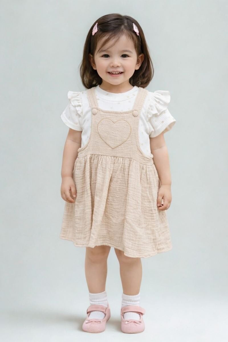 Rovela Kız Çocuk ve Bebek Flam 2’li Jile Elbise 5 Yaş - Bej