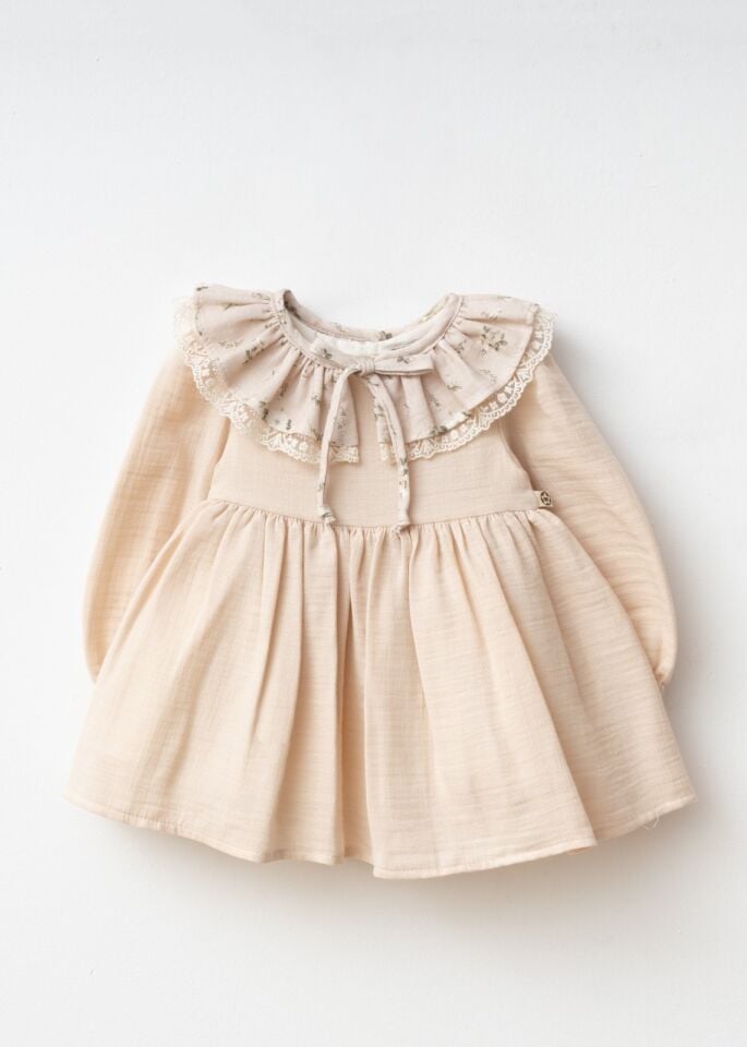 %100 Pamuk Bebe Yakalı Müslin Elbise Ekru - 24 Ay