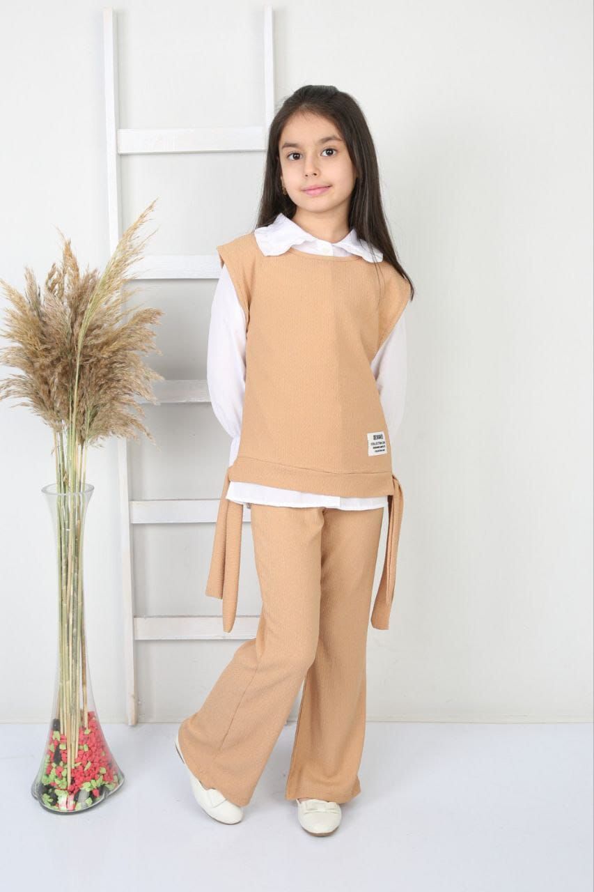 Zenit Kız Çocuk 3'lü Takım Bürümcük Kumaş Bej - 8 Yaş