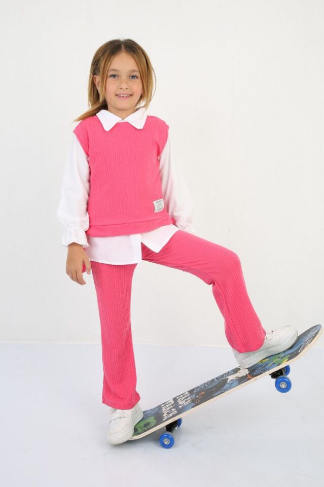 Zenit Kız Çocuk 3'lü Takım Bürümcük Kumaş Fuşya - 10 Yaş