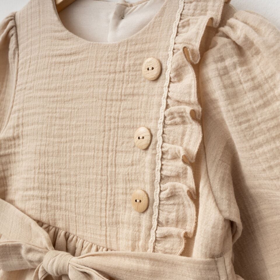 %100 Pamuk Müslin Kumaş Yandan Fırfırlı Elbise Kahverengi - 3 Yaş