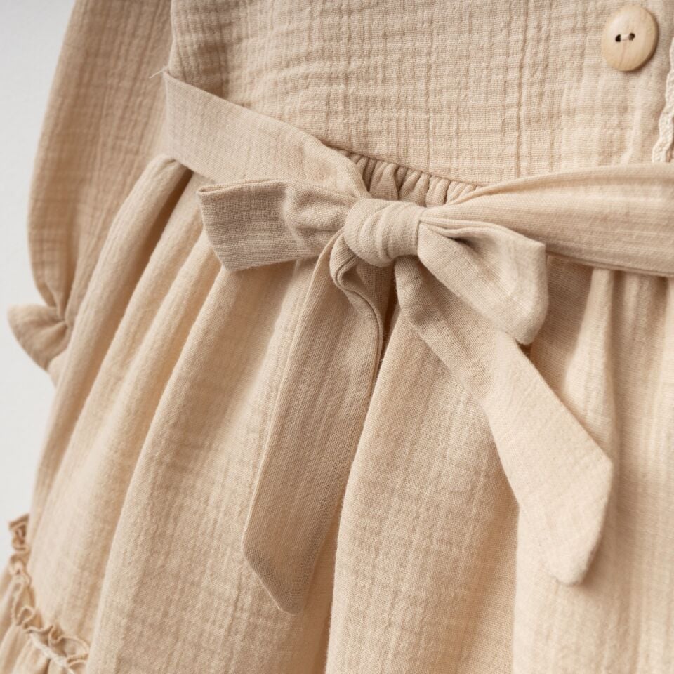 %100 Pamuk Müslin Kumaş Yandan Fırfırlı Elbise Kahverengi - 5 Yaş