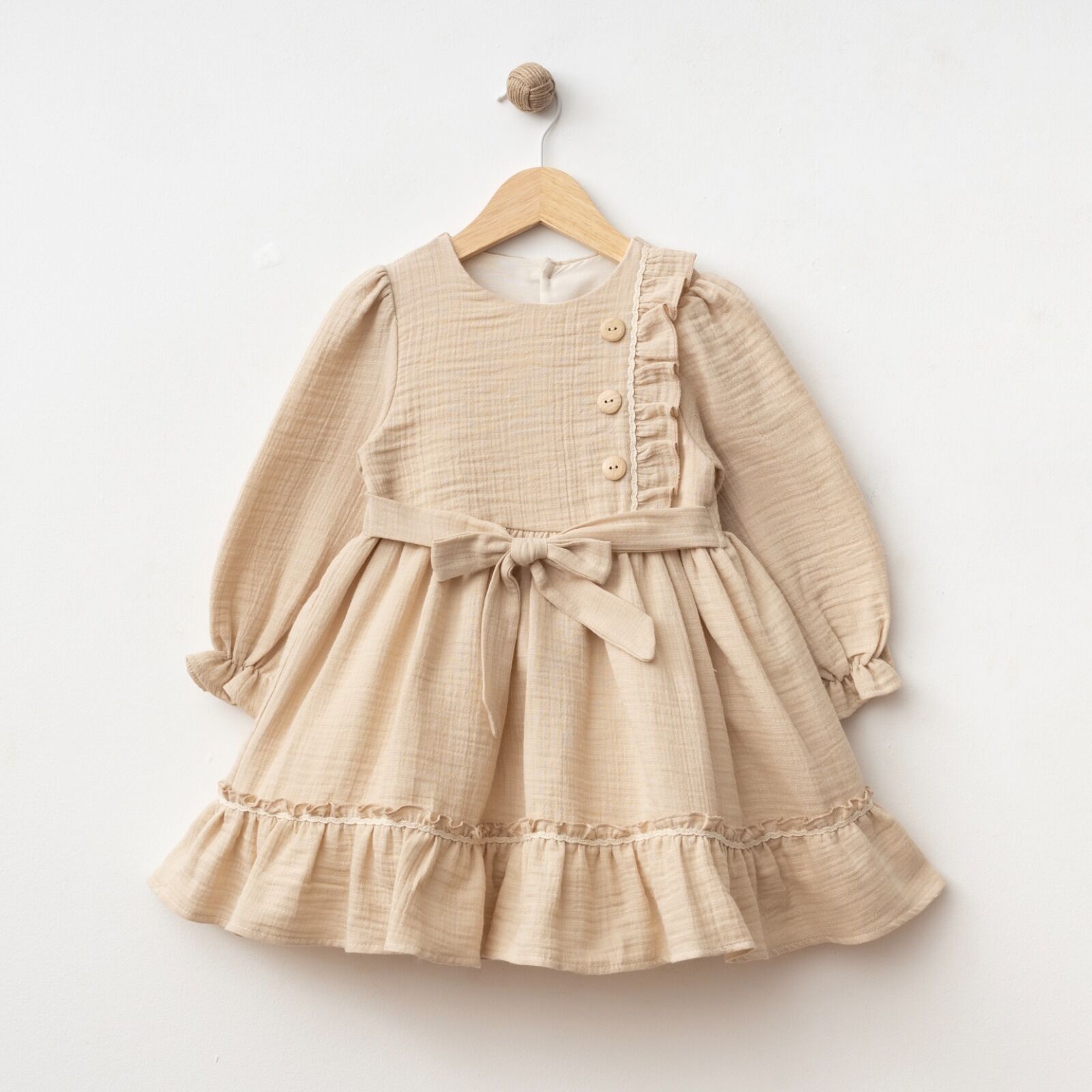 %100 Pamuk Müslin Kumaş Yandan Fırfırlı Elbise Kahverengi - 5 Yaş