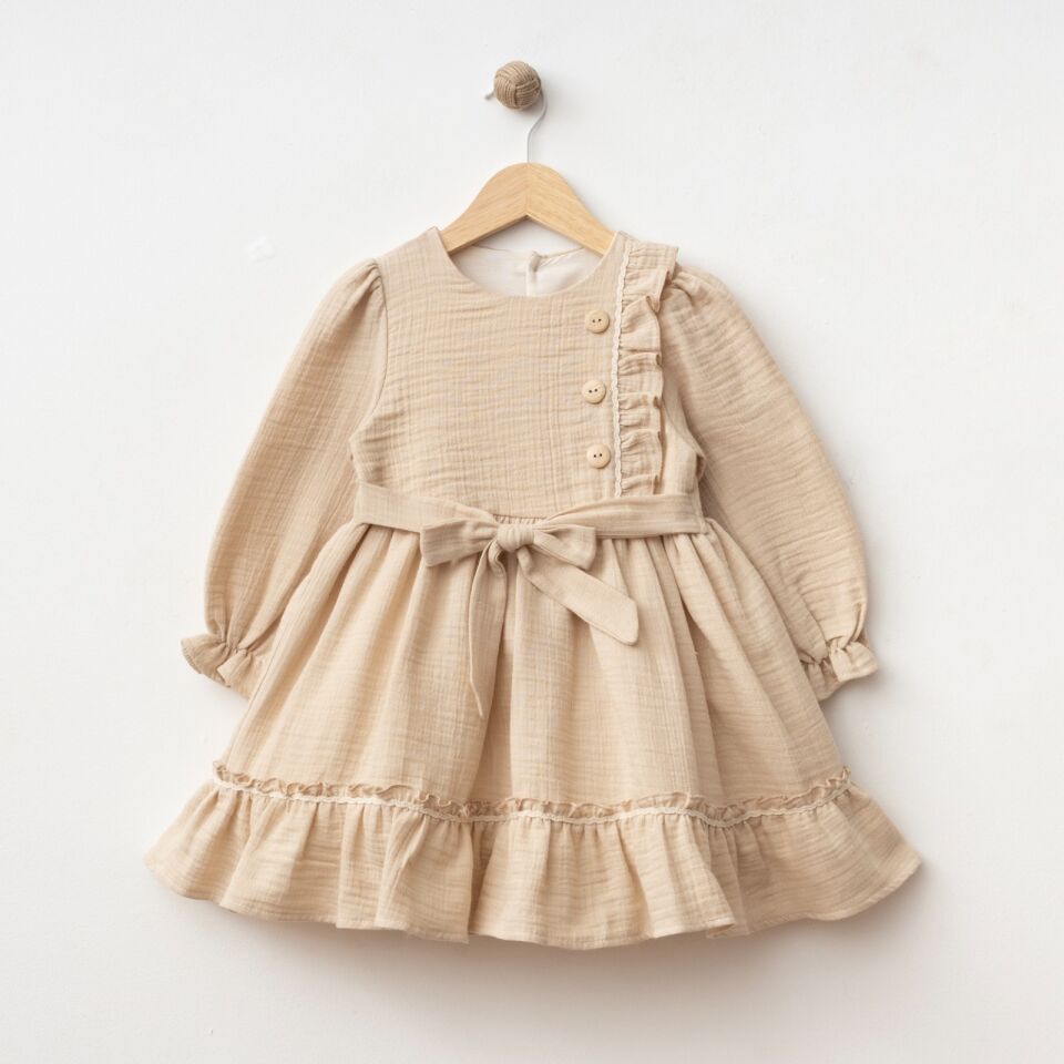 %100 Pamuk Müslin Kumaş Yandan Fırfırlı Elbise Kahverengi - 5 Yaş
