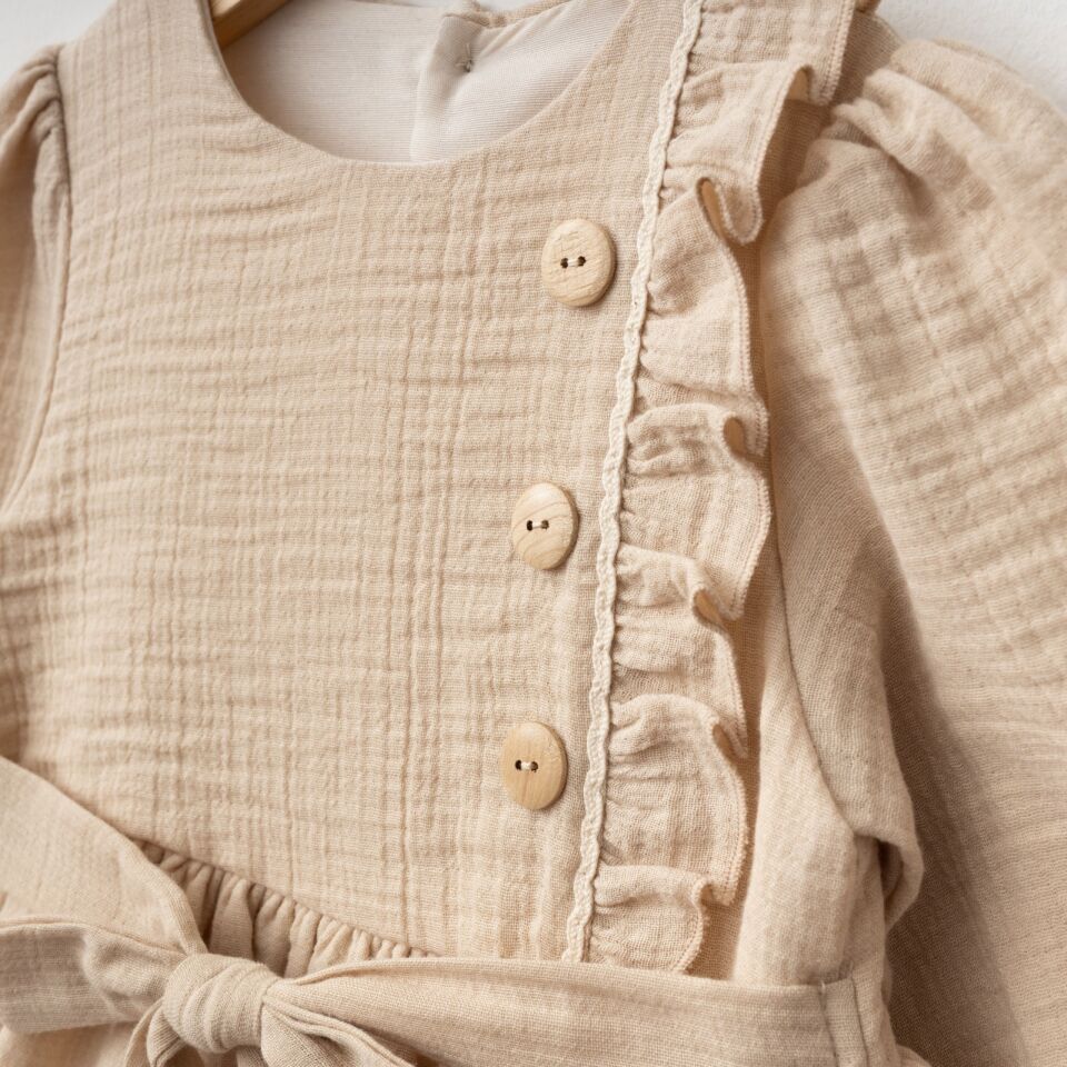 %100 Pamuk Müslin Kumaş Yandan Fırfırlı Elbise Kahverengi - 5 Yaş