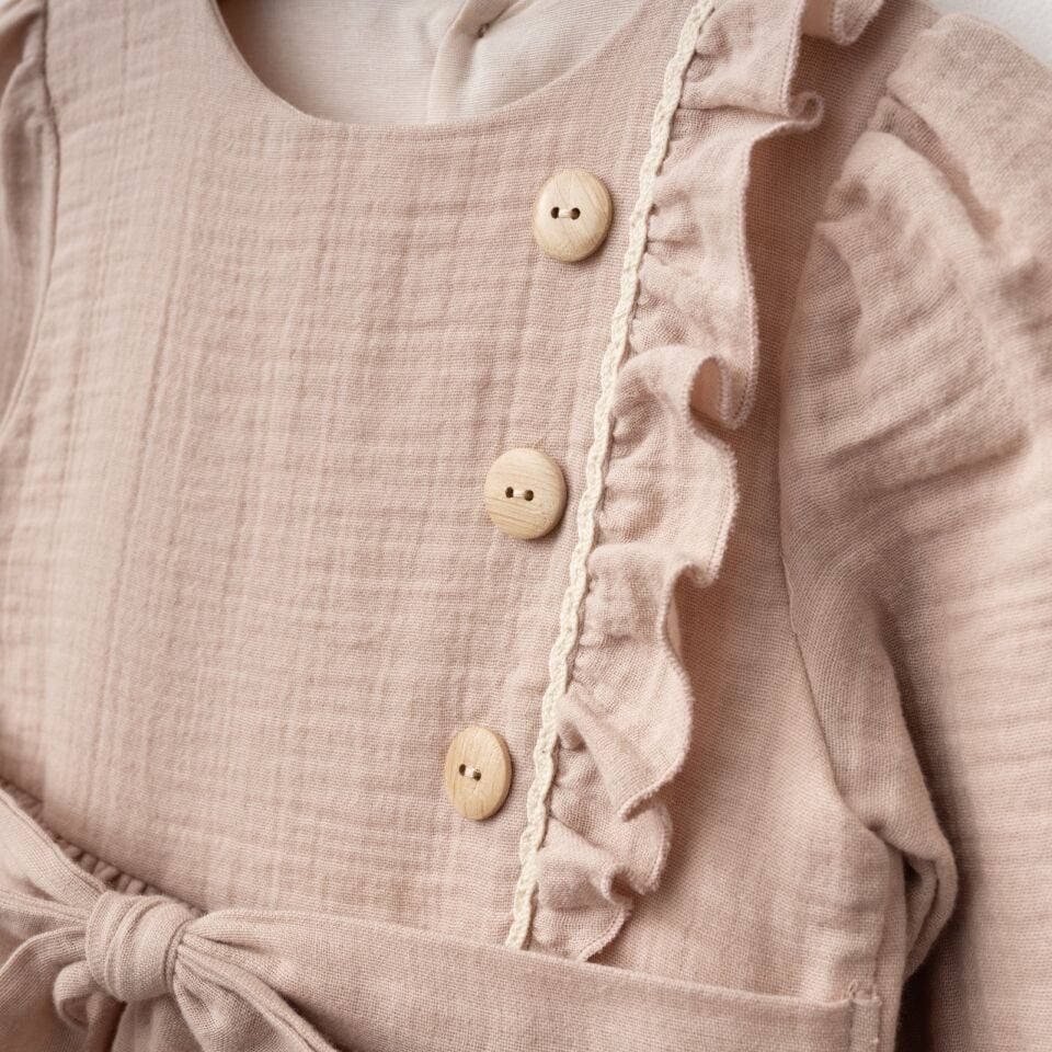 %100 Pamuk Müslin Kumaş Yandan Fırfırlı Elbise Pembe - 5 Yaş