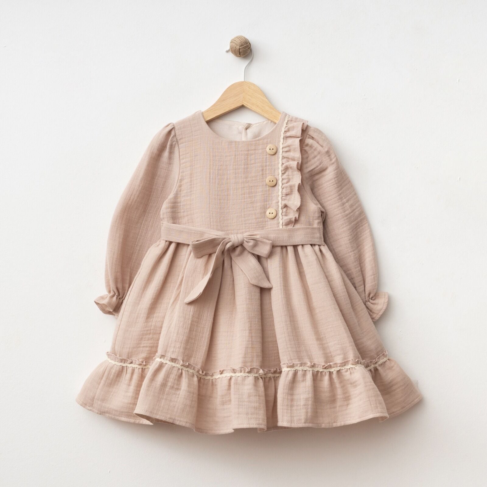 %100 Pamuk Müslin Kumaş Yandan Fırfırlı Elbise Pembe - 5 Yaş