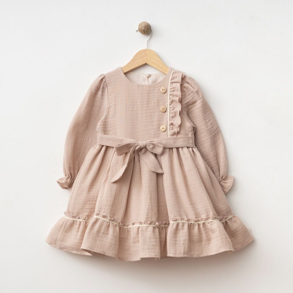 %100 Pamuk Müslin Kumaş Yandan Fırfırlı Elbise Pembe - 5 Yaş