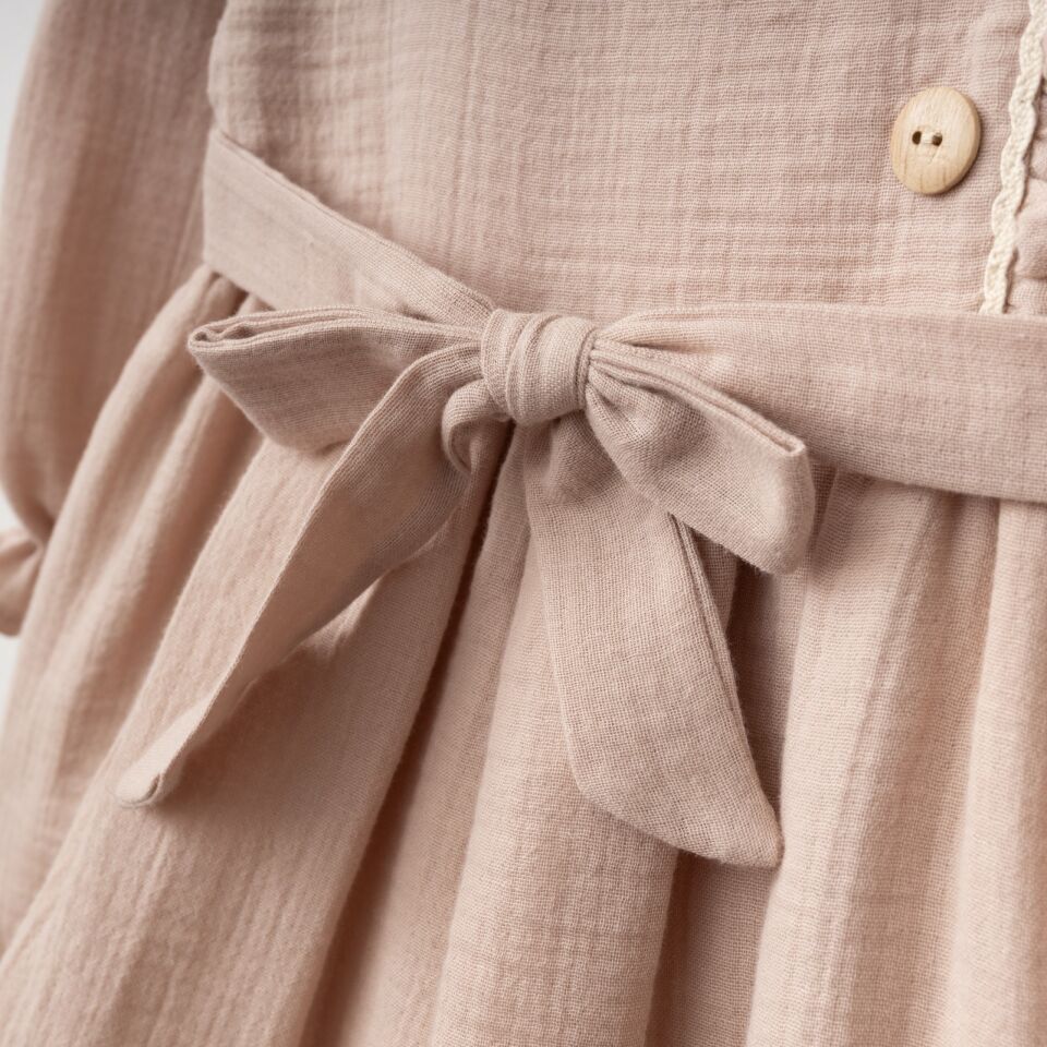 %100 Pamuk Müslin Kumaş Yandan Fırfırlı Elbise Pembe - 5 Yaş