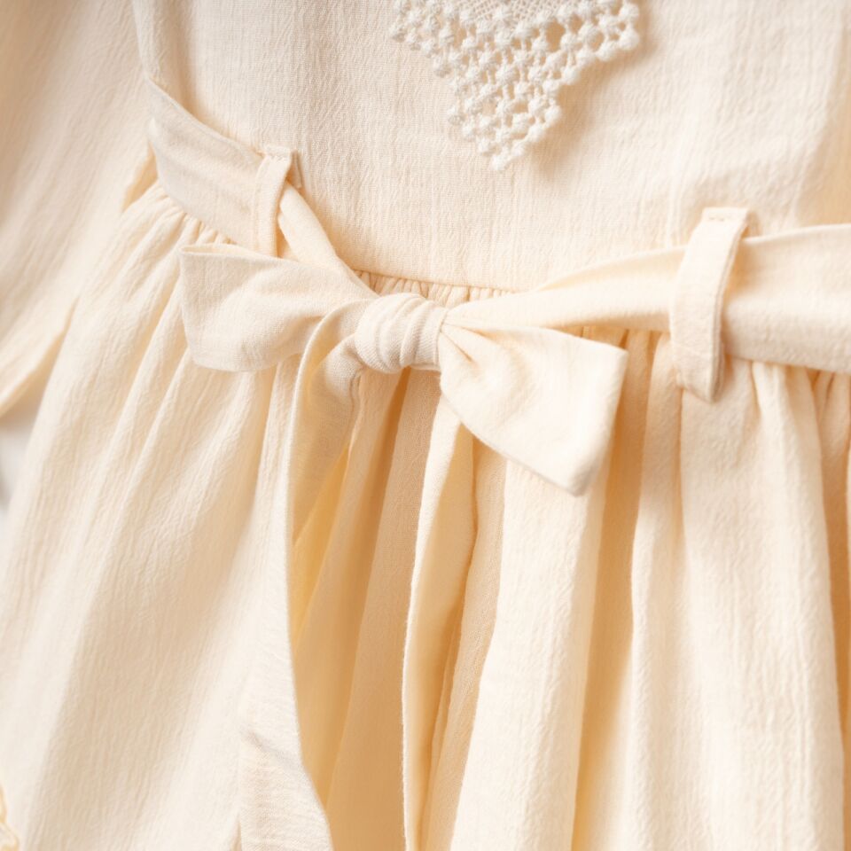 %100 Pamuk Müslin Kumaş Üçgen Dantel Yaka Elbise Bej - 5 Yaş