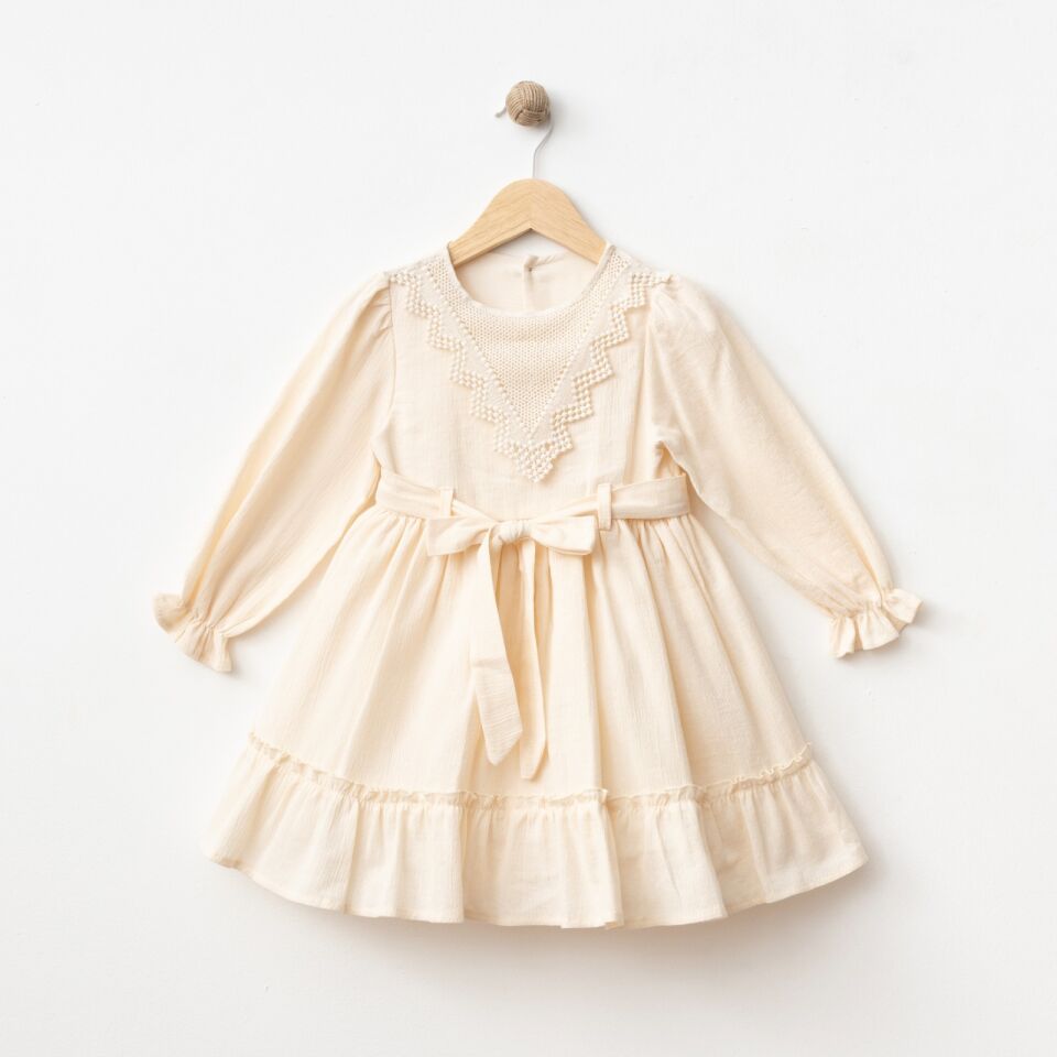 %100 Pamuk Müslin Kumaş Üçgen Dantel Yaka Elbise Bej - 8 Yaş
