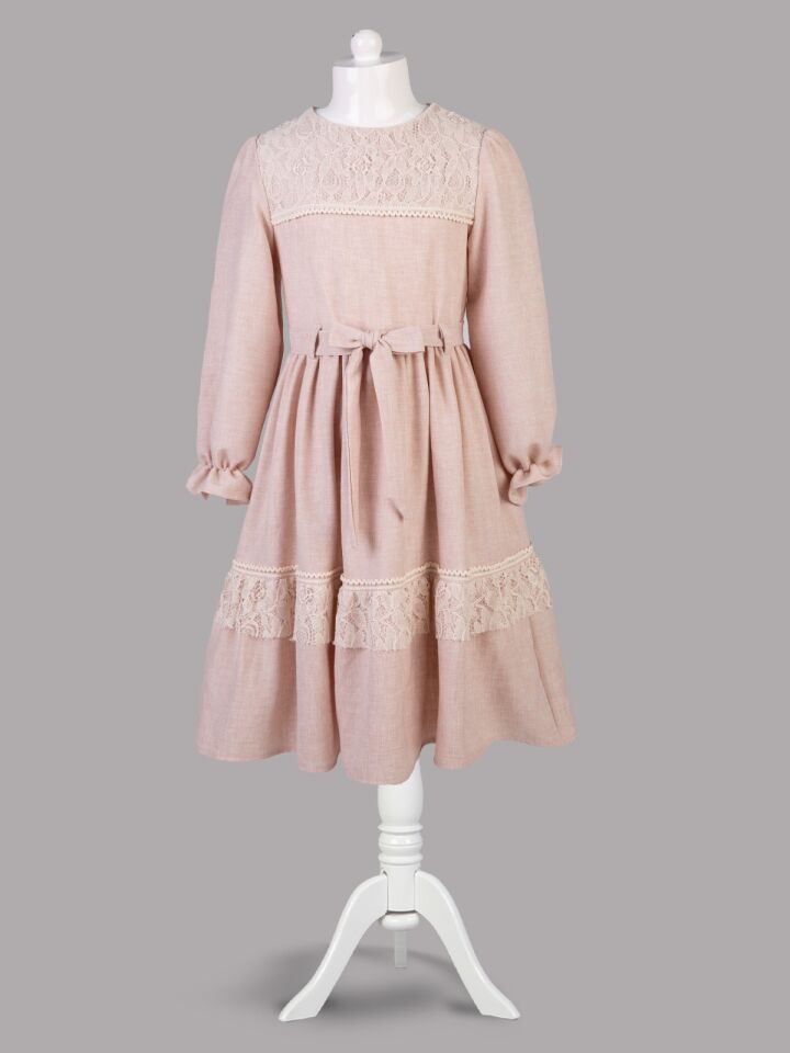 %100 Pamuk Keten Kumaş Dantelli Elbise