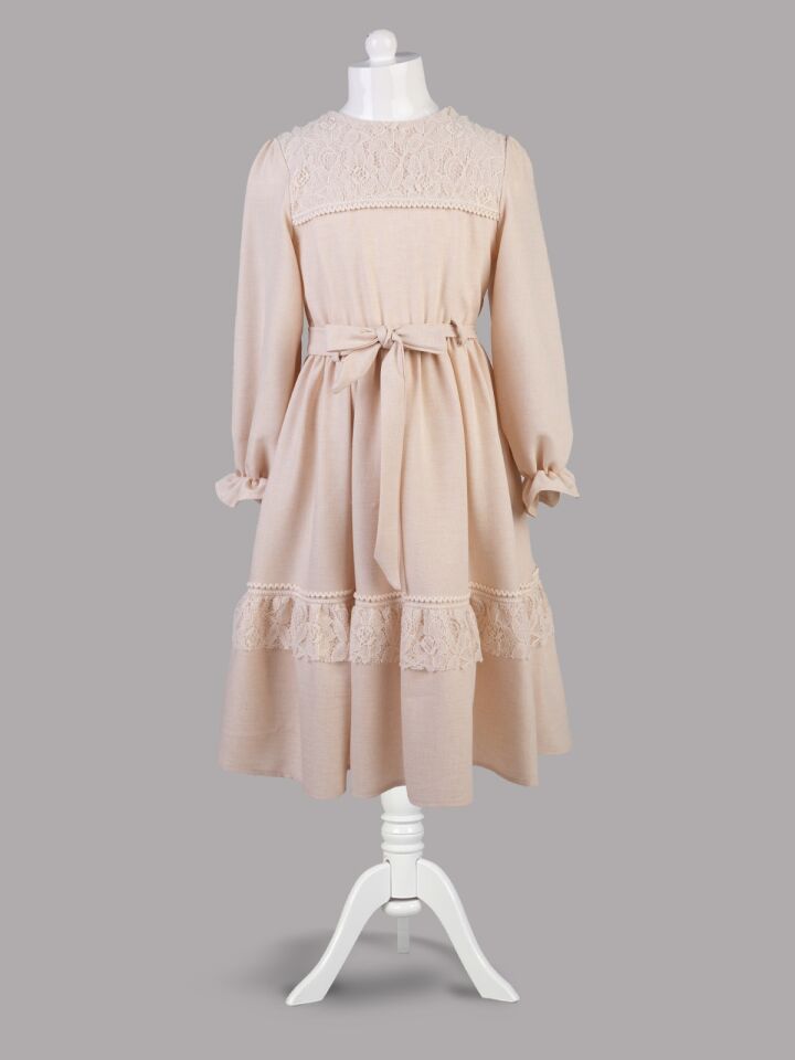 %100 Pamuk Keten Kumaş Dantelli Elbise