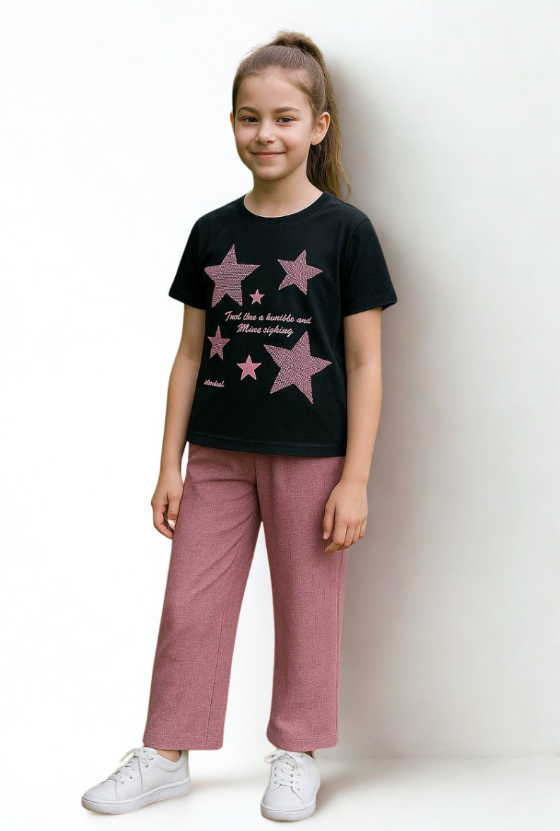 Rina Kız Çocuk 2'li Takım Keten Kumaş Pembe - 9-10 yaş