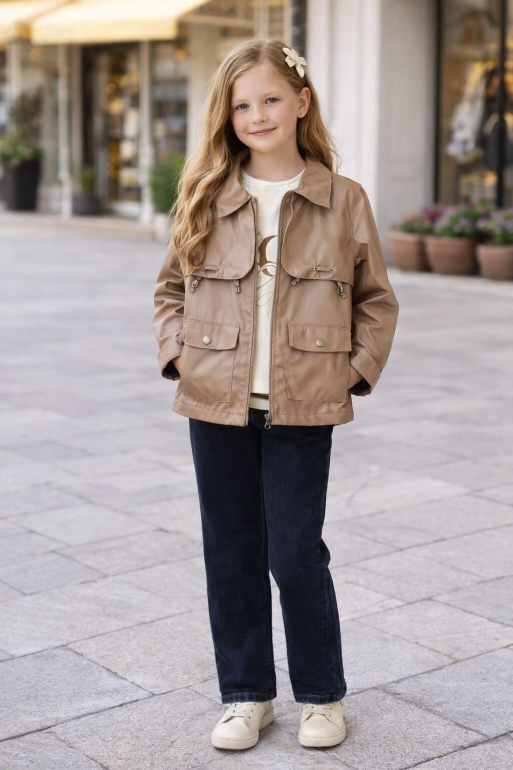 KIZ ÇOCUK DERİ CEKETLİ 3'LÜ BAHARLIK KOMBİN