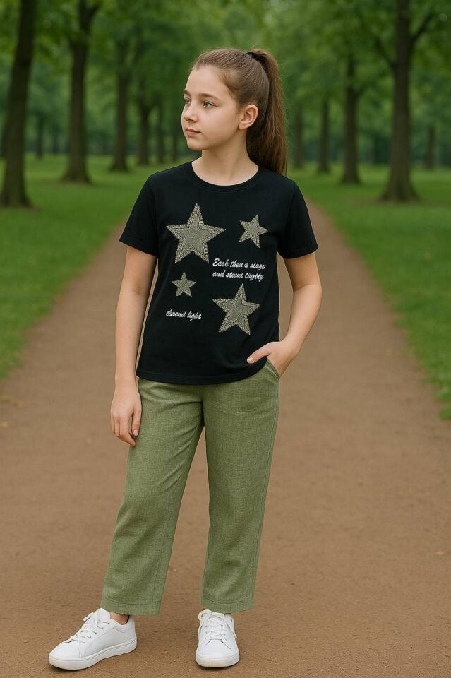 Rina Kız Çocuk 2'li Takım Keten Kumaş Yeşil - 13-14 yaş