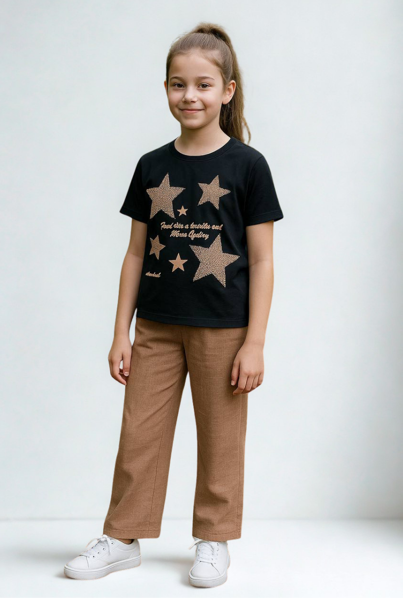 Rina Kız Çocuk 2'li Takım Keten Kumaş Kahverengi - 13-14 yaş