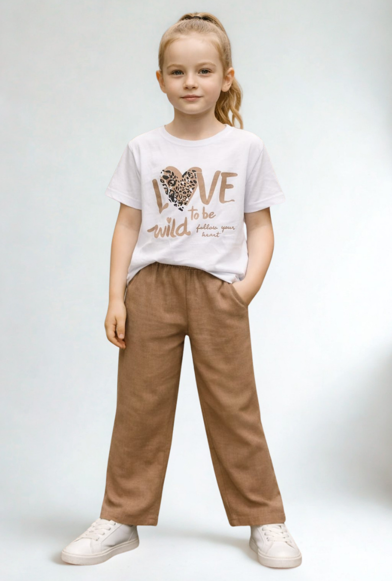 Tina Kız Çocuk 2’li Takım Keten Kumaş Kahverengi - 11-12 yaş