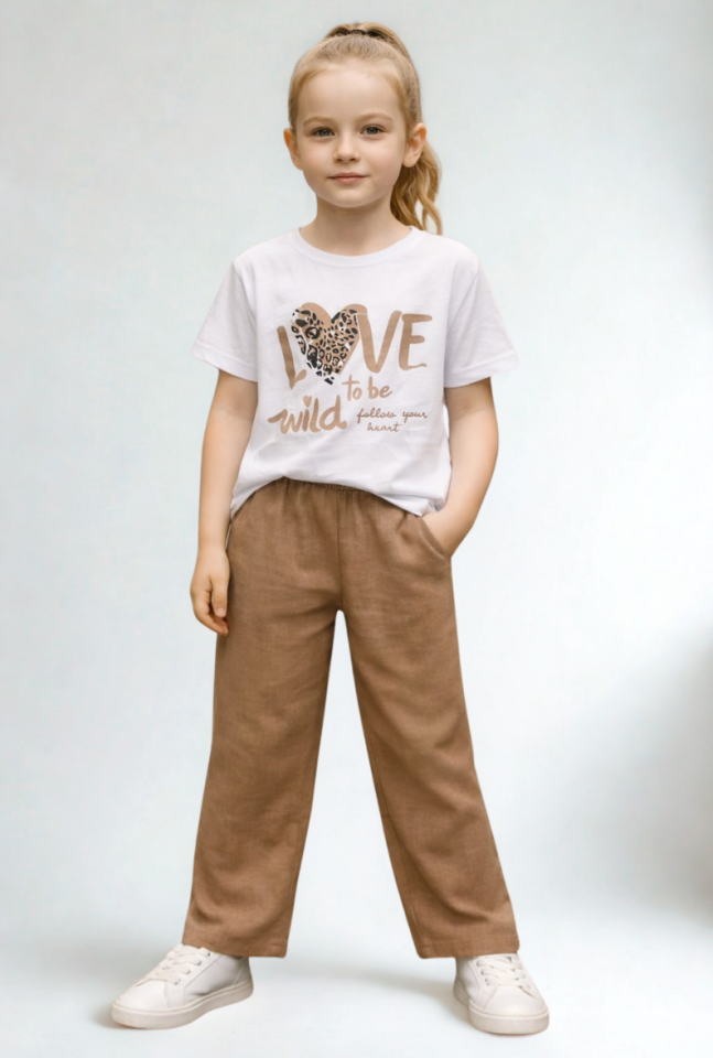 Tina Kız Çocuk 2’li Takım Keten Kumaş Kahverengi - 11-12 yaş