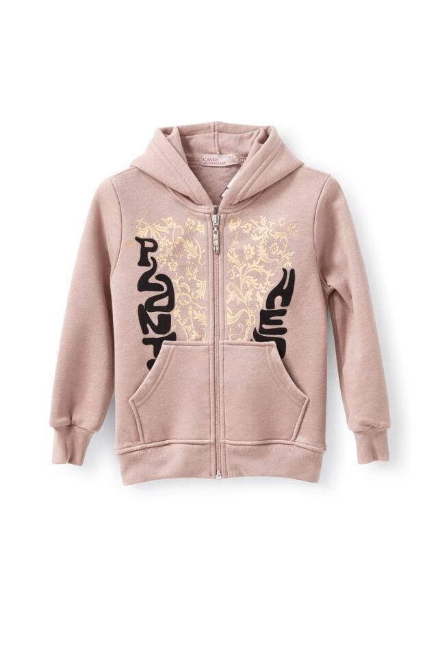 KIZ ÇOCUK ÜÇ İPLİK ŞORDONLU  KAPÜŞONLU FERMUARLI SWEATSHİRT Koyu pempe - 11 - 12 Yaş