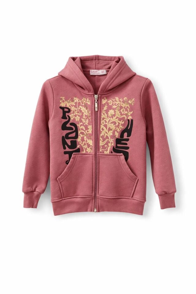 KIZ ÇOCUK ÜÇ İPLİK ŞORDONLU  KAPÜŞONLU FERMUARLI SWEATSHİRT Koyu pempe - 11 - 12 Yaş