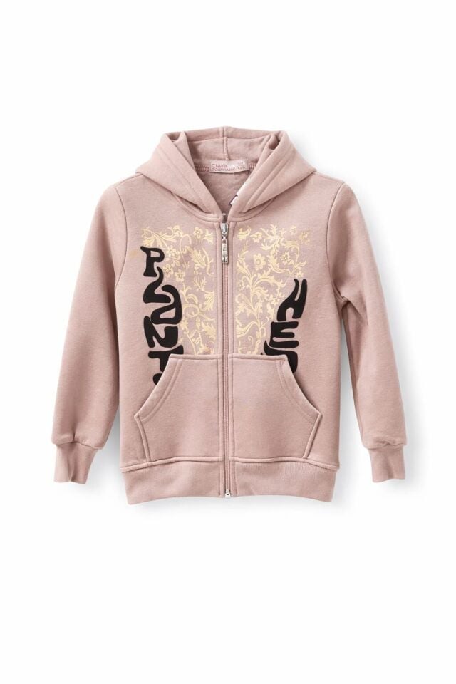 KIZ ÇOCUK ÜÇ İPLİK ŞORDONLU  KAPÜŞONLU FERMUARLI SWEATSHİRT Toz pembe - 5-6 yaş