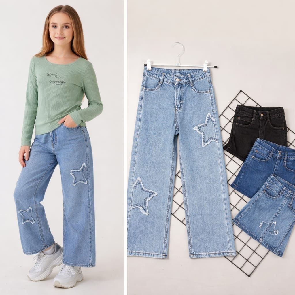 KIZ ÇOCUK YILDIZ DETAYLI BOL PAÇA JEAN PANTOLON
