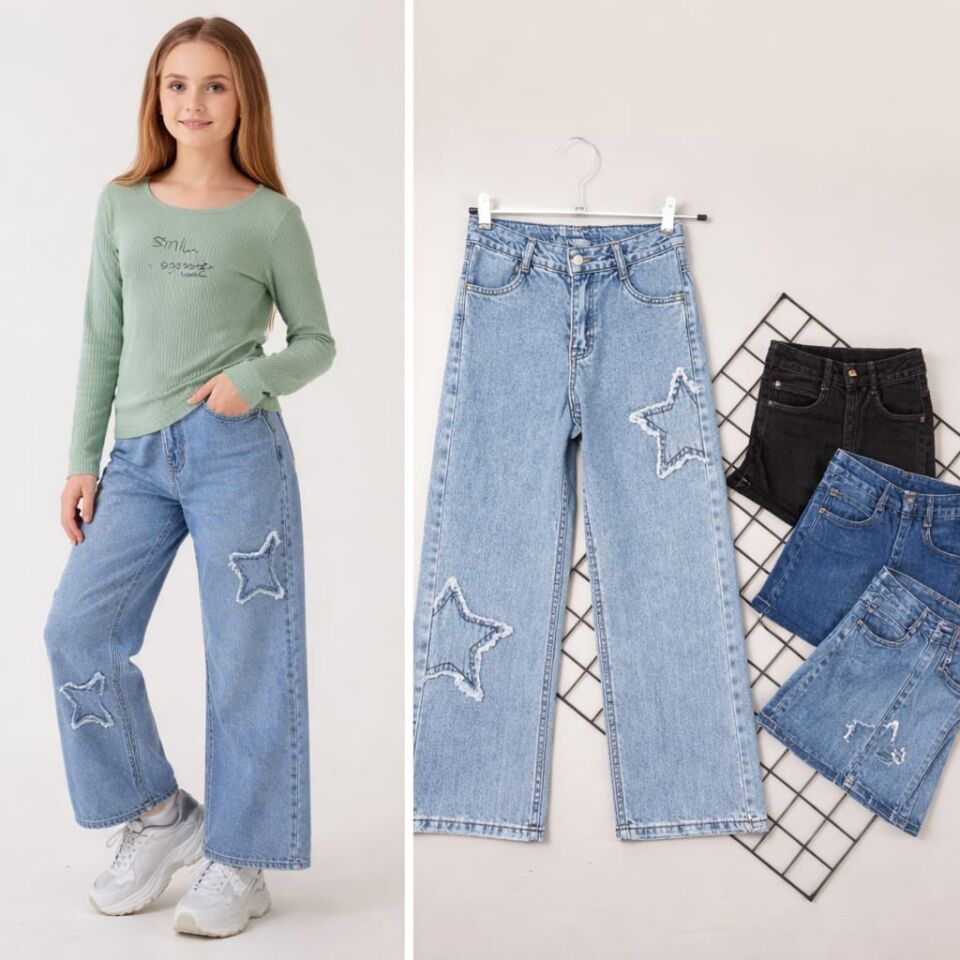 KIZ ÇOCUK YILDIZ DETAYLI BOL PAÇA JEAN PANTOLON