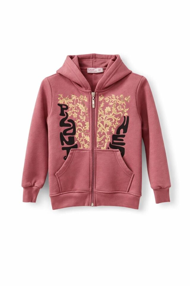 KIZ ÇOCUK ÜÇ İPLİK ŞORDONLU  KAPÜŞONLU FERMUARLI SWEATSHİRT Toz pembe - 9-10 yaş