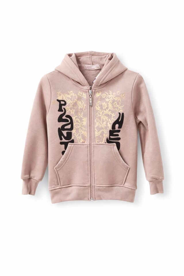 KIZ ÇOCUK ÜÇ İPLİK ŞORDONLU  KAPÜŞONLU FERMUARLI SWEATSHİRT Koyu pempe - 11 - 12 Yaş