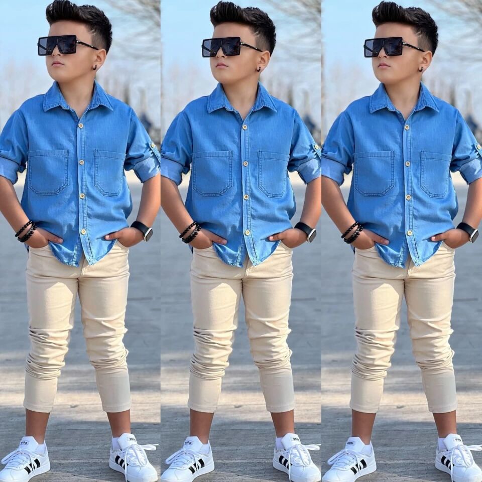 ERKEK ÇOCUK KOT GÖMLEK VE BEJ PANTOLONLU 2'Lİ TAKIM