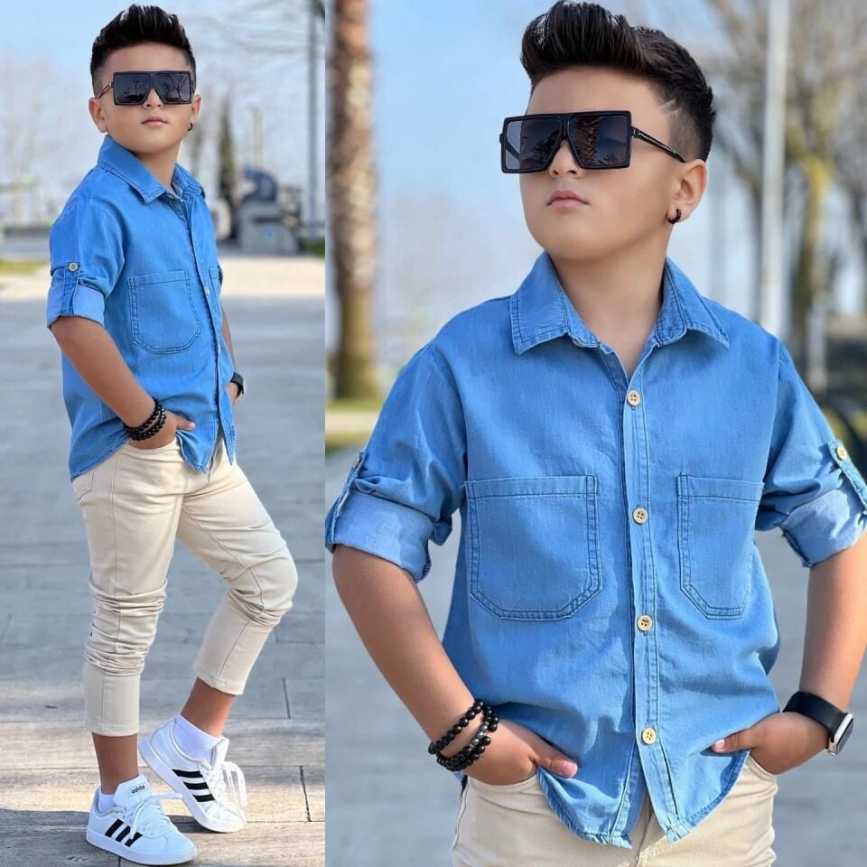 ERKEK ÇOCUK KOT GÖMLEK VE BEJ PANTOLONLU 2'Lİ TAKIM