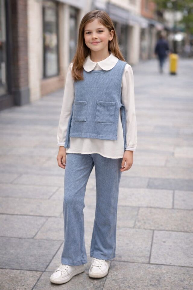 KIZ ÇOCUK 3'LÜ TAKIM FİTİLLİ YELEK PANTOLON VE GÖMLEK