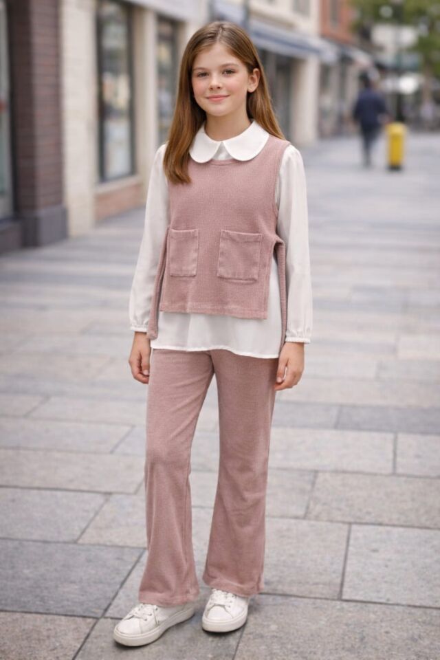 KIZ ÇOCUK 3'LÜ TAKIM FİTİLLİ YELEK PANTOLON VE GÖMLEK