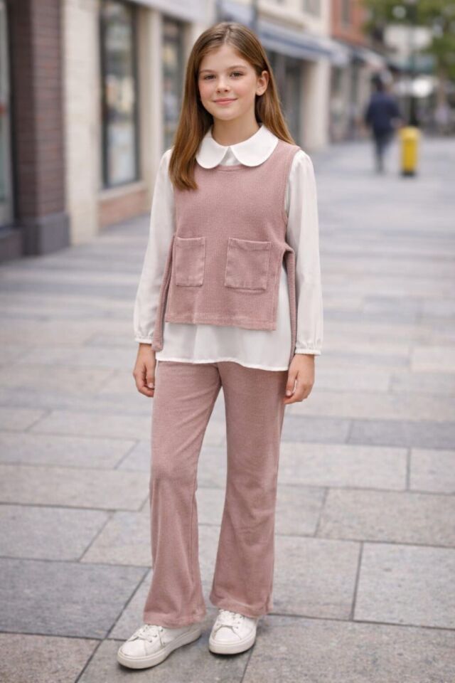 KIZ ÇOCUK 3'LÜ TAKIM FİTİLLİ YELEK PANTOLON VE GÖMLEK Pembe - 12 Yaş