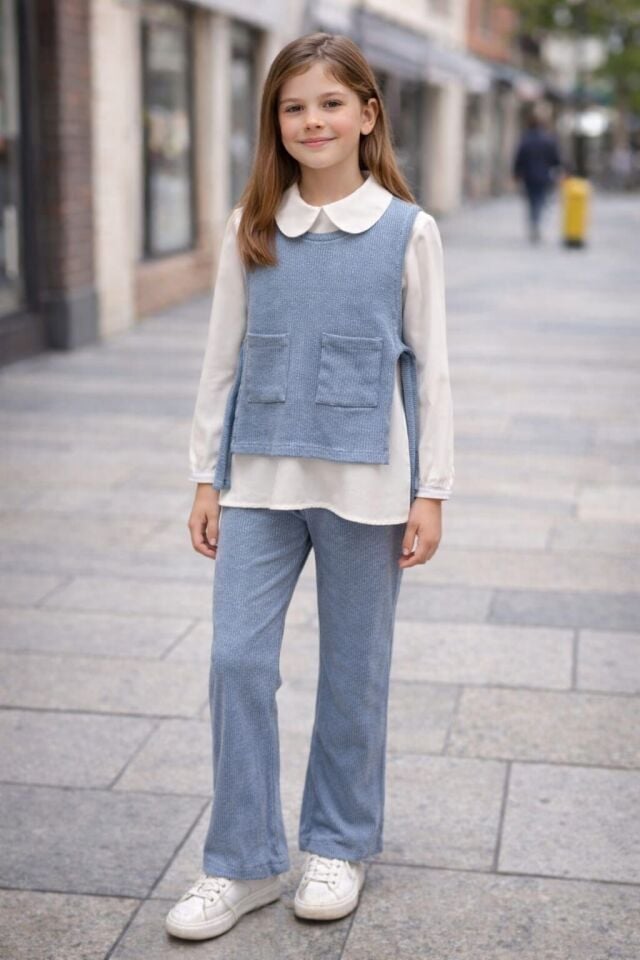 KIZ ÇOCUK 3'LÜ TAKIM FİTİLLİ YELEK PANTOLON VE GÖMLEK Pembe - 14 Yaş