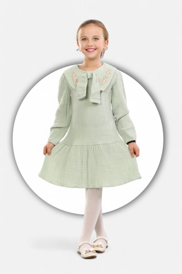 Müslin Çiçek İşlemeli Elbise