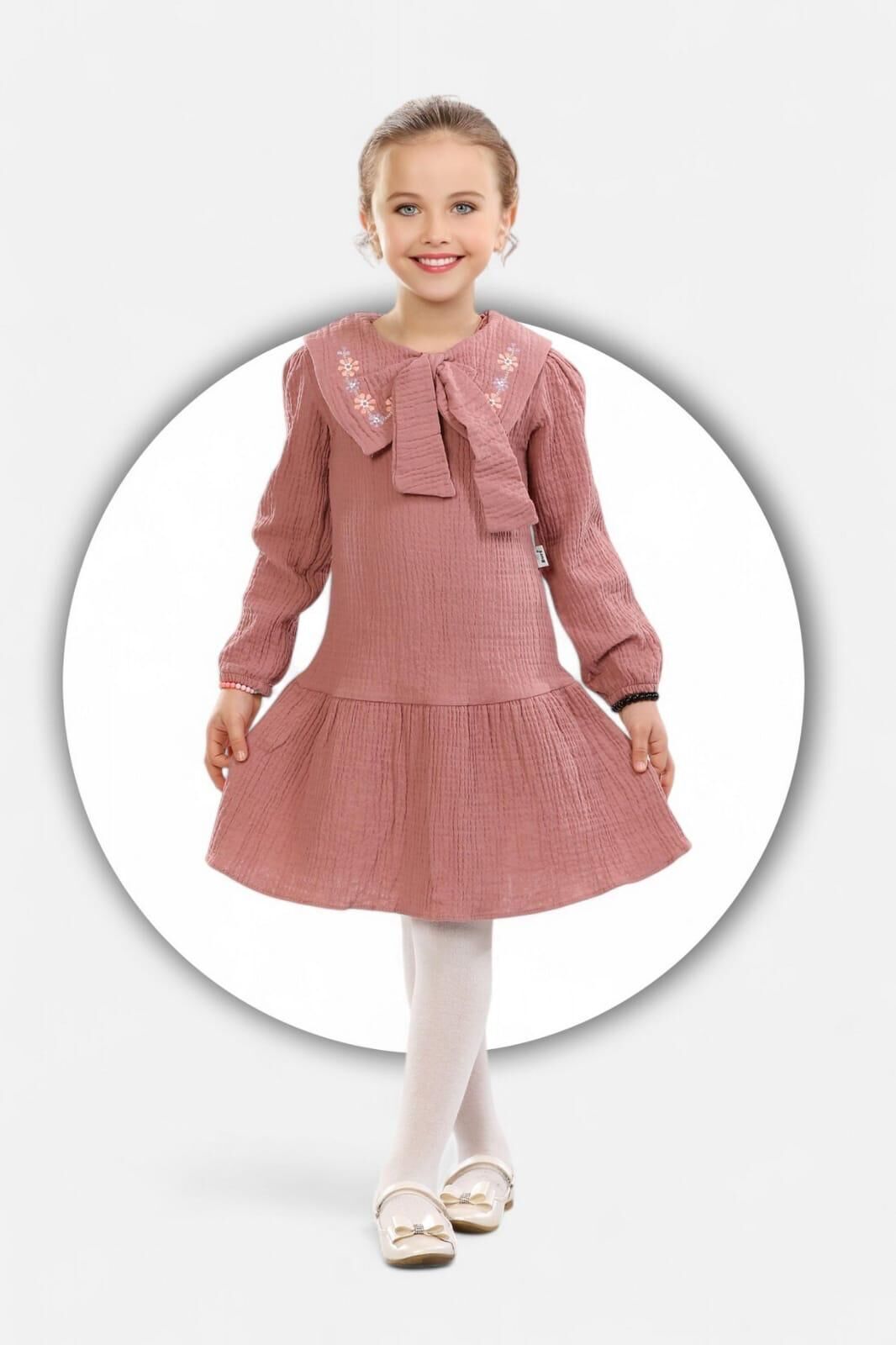 Müslin Çiçek İşlemeli Elbise Pembe - 10 - 11 Yaş