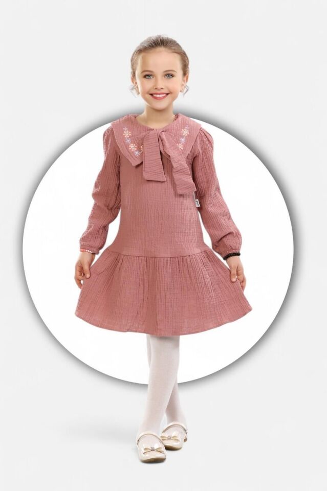Müslin Çiçek İşlemeli Elbise Pembe - 10 - 11 Yaş