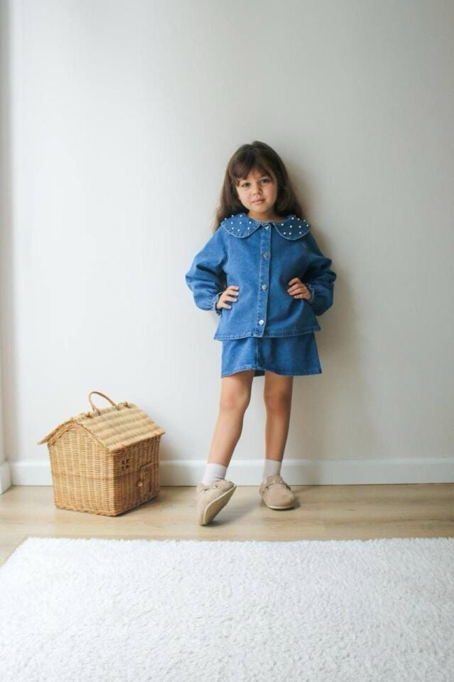 KIZ ÇOCUK İNCİ DETAYLI ETEKLİ TAKIM