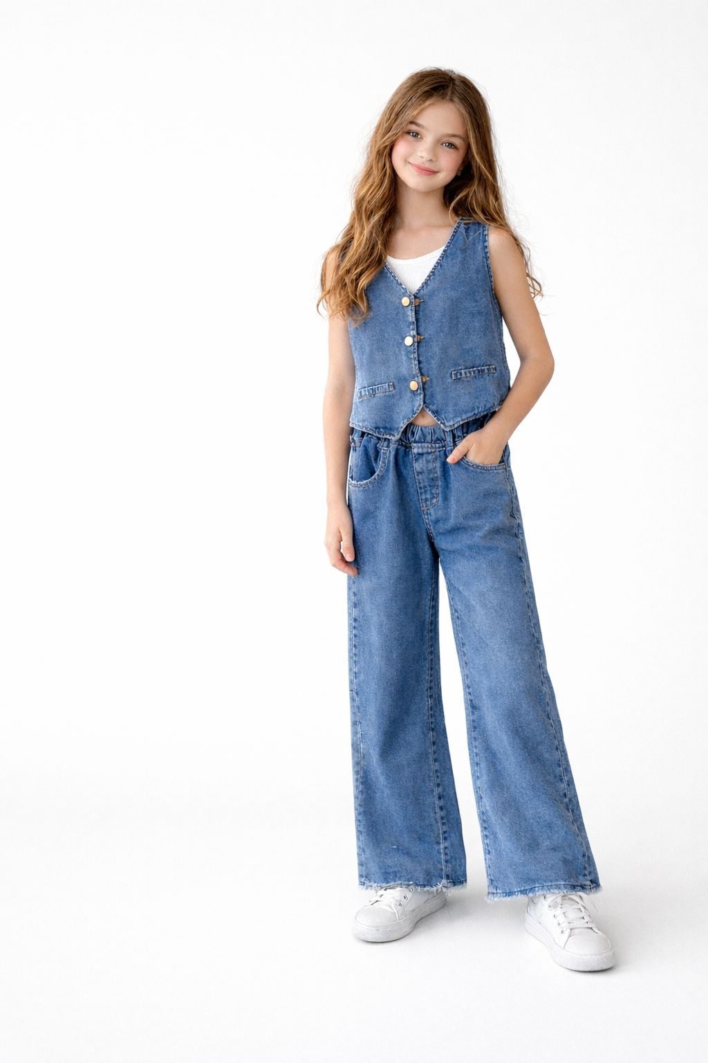 Bol Paça Jeans Pantolon Düğmeli Denim Yelekli 2'li takım